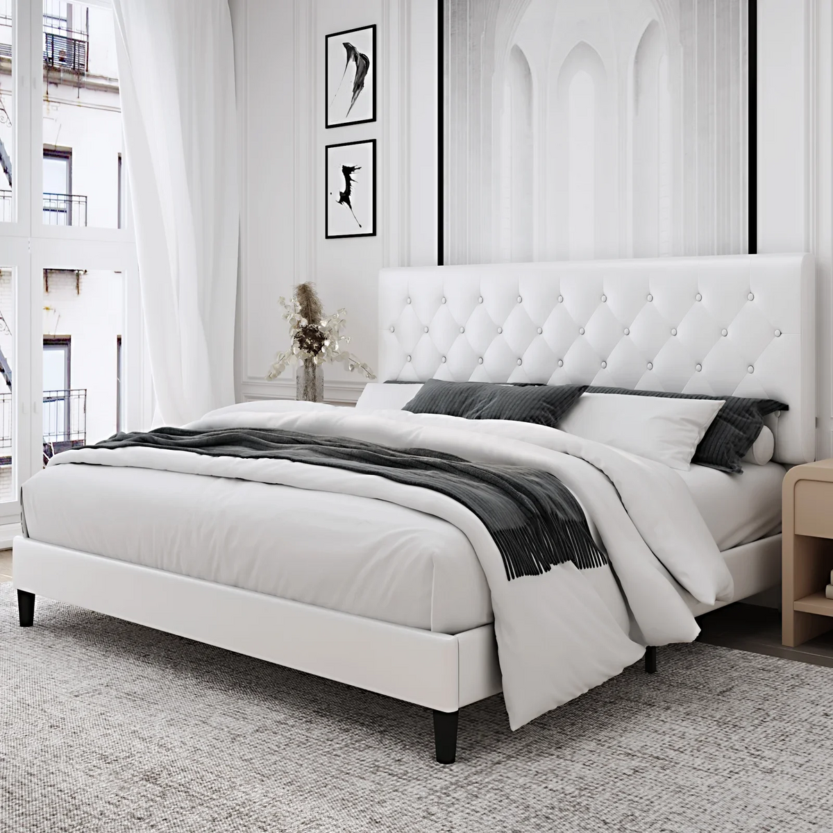Homfa Faux Leather Upholstered Platform Bed Frame with