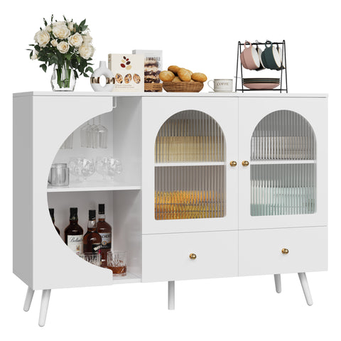 Homfa Bar Cabinet with Semi-Open Door, Modern Cream Wine Cabinet Buffet with Glass Cup Holders, Sideboard and Buffet Cabinet with 2 Drawers for Living Kitchen Entryway , White