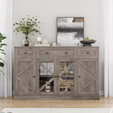 Homfa 55.1”W Farmhouse Kitchen Sideboard with Glass Doors, Modern 3 Drawer Buffet Storage Cabinet with Adjustable Shelves for Dining Room, Brown