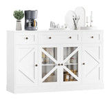Homfa 55.1”W Farmhouse Kitchen Sideboard with Glass Doors, Modern 3 Drawer Buffet Storage Cabinet with Adjustable Shelves for Dining Room, White