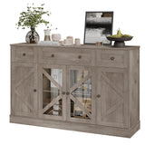 Homfa 55.1”W Farmhouse Kitchen Sideboard with Glass Doors, Modern 3 Drawer Buffet Storage Cabinet with Adjustable Shelves for Dining Room, Brown