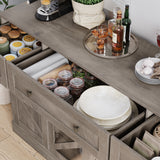 Homfa 55.1”W Farmhouse Kitchen Sideboard with Glass Doors, Modern 3 Drawer Buffet Storage Cabinet with Adjustable Shelves for Dining Room, Brown