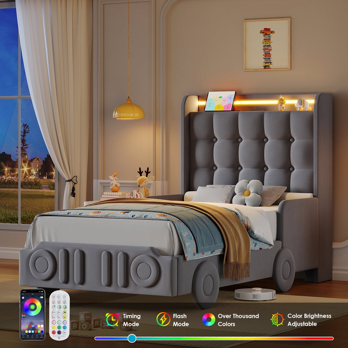 Homfa Full Size Upholstered Bed Frame with LED Light Stripe and USB Po ...