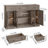 Homfa 55.1”W Farmhouse Kitchen Sideboard with Glass Doors, Modern 3 Drawer Buffet Storage Cabinet with Adjustable Shelves for Dining Room, Brown