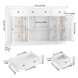 Homfa 55.1”W Farmhouse Kitchen Sideboard with Glass Doors, Modern 3 Drawer Buffet Storage Cabinet with Adjustable Shelves for Dining Room, White