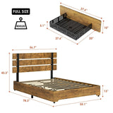 Homfa Full Size Bed Frame with 4 Storage Drawers, Industrial Wood and Metal Panel Headboard, Rustic Brown