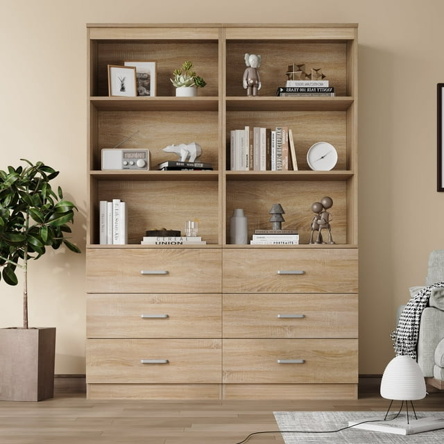 Homfa 2 Set of Bookcases with 3 Drawers, 71"H 3 Tier Wooden Storage Bo myhomfa Homfa 2 Set of Bookcases with 3 Drawers, 71"H 3 Tier Wooden Storage Bo myhomfa