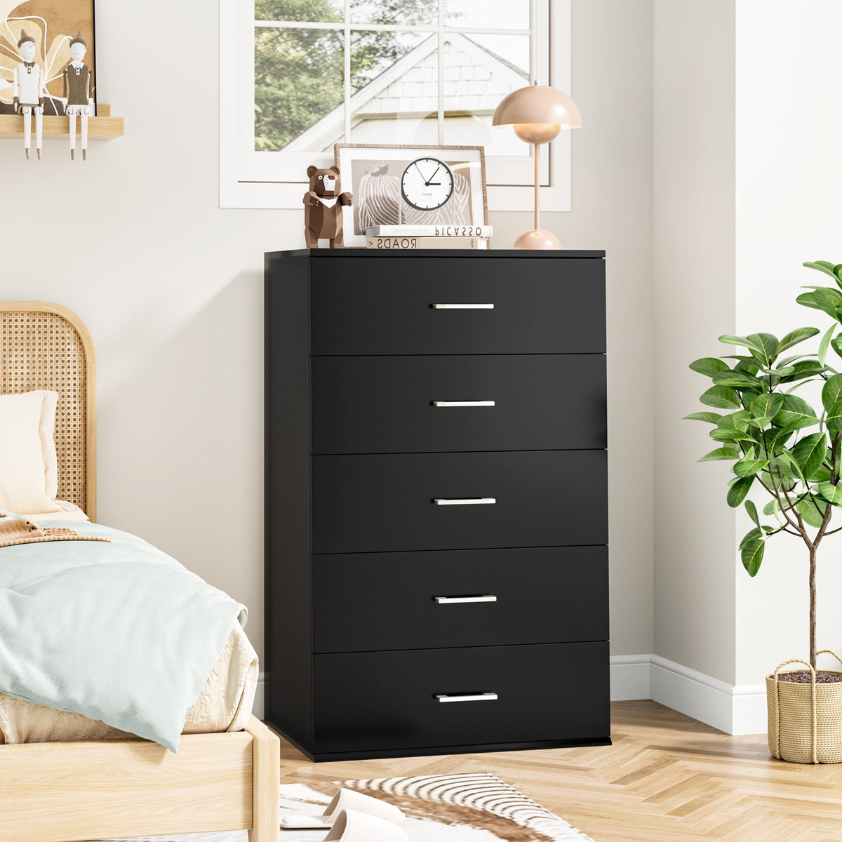Homfa 5 Drawer Black Dresser, Vertical Bedroom Chest of Drawers, Wood