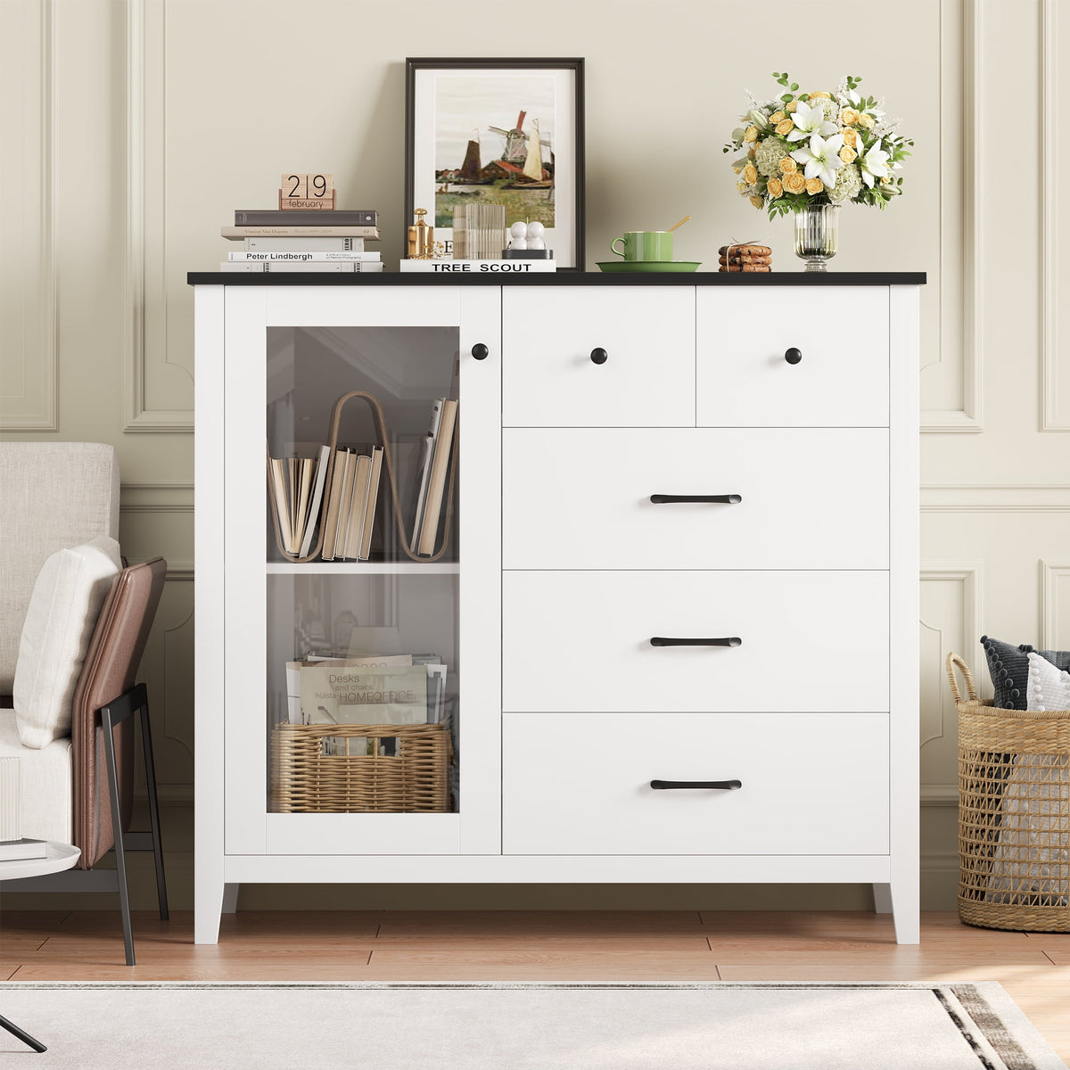 modern glass dresser Homfa 5 Drawer White Bedroom Dresser with Glass Door, Modern Storage C –  myhomfa