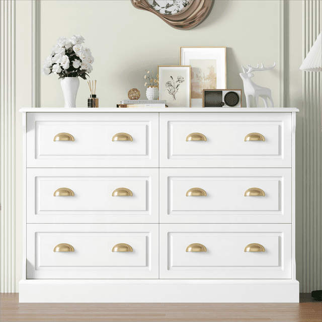 Homfa 6 Drawer White Double Dresser for Bedroom, Gold Handle Drawer Ch myhomfa Homfa 6 Drawer White Double Dresser for Bedroom, Gold Handle Drawer Ch myhomfa