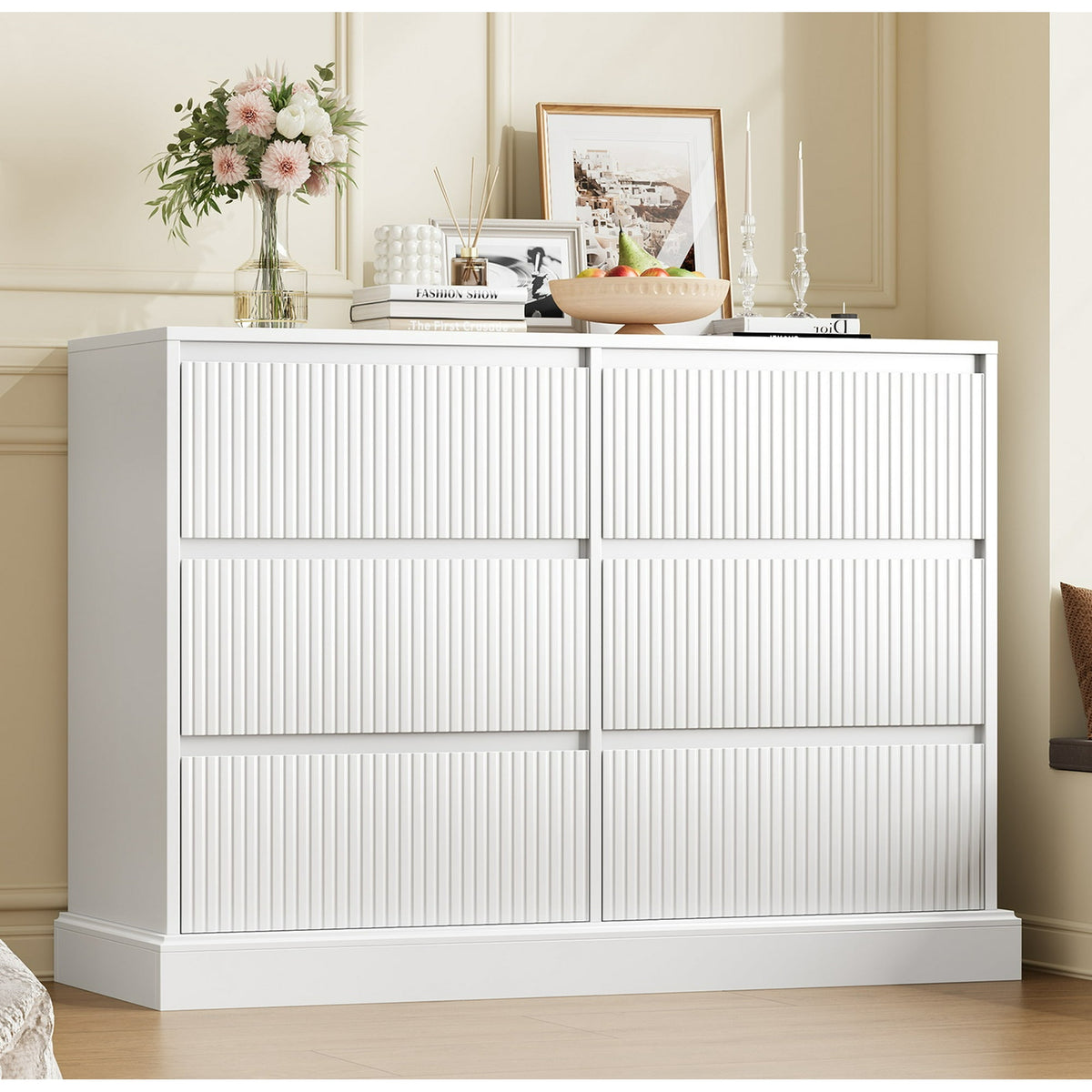 Homfa 6 Drawer White Double Dresser for Bedroom, Wave Panel Wood Dress –  myhomfa
