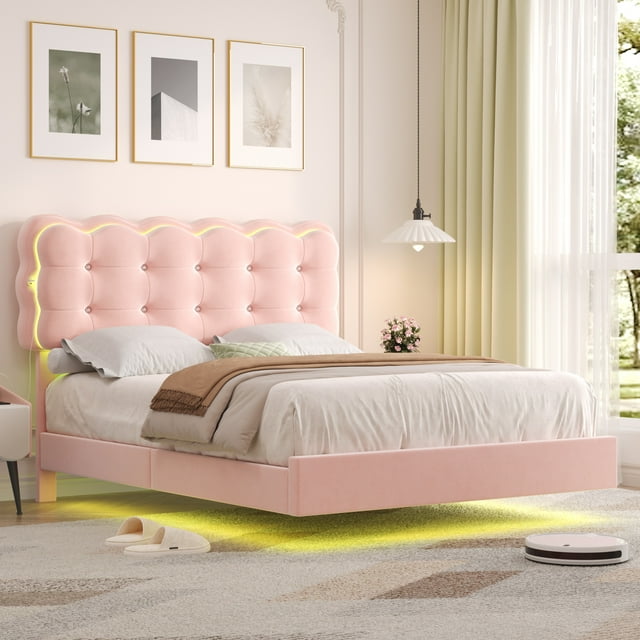 Homfa Full Size LED Floating Bed with USB Charging Ports, Velvet Butto ...