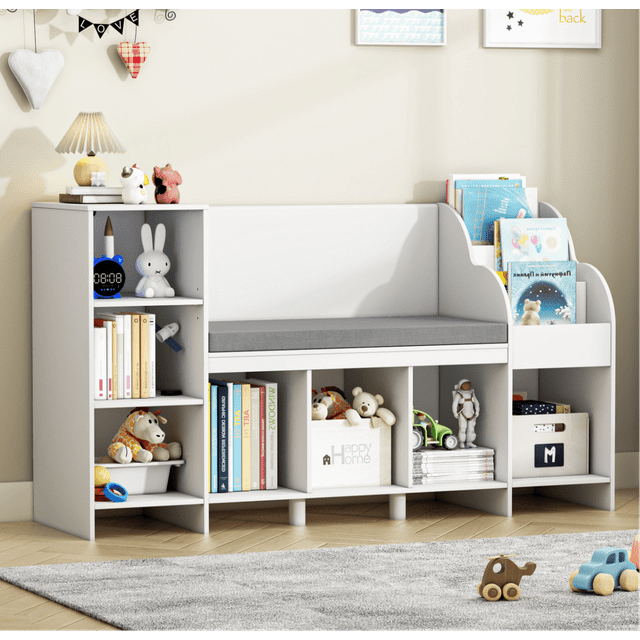 Homfa Kids Bookshelf with Reading Seat Nook, Cube Wooden Child