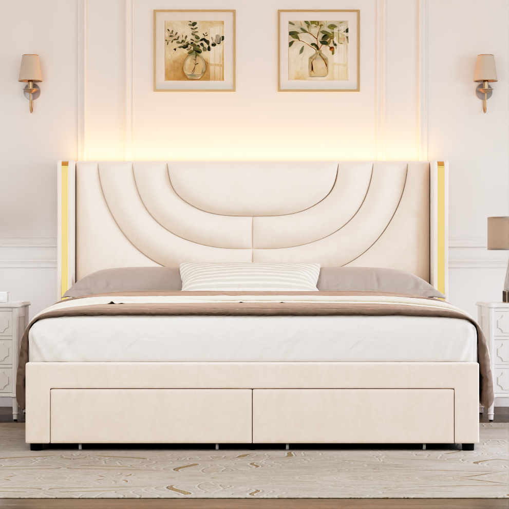 Homfa Full Size Platform Bed Frame with Led Headboard, Velvet Upholste ...