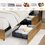 Homfa Full Size Bed Frame with 4 Storage Drawers, Industrial Wood and Metal Panel Headboard, Rustic Brown
