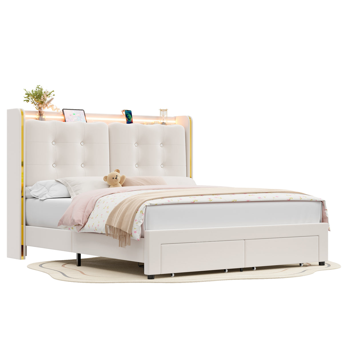 Homfa Full Size LED Bed Frame with Drawer, Velvet Crystal Button Uphol ...
