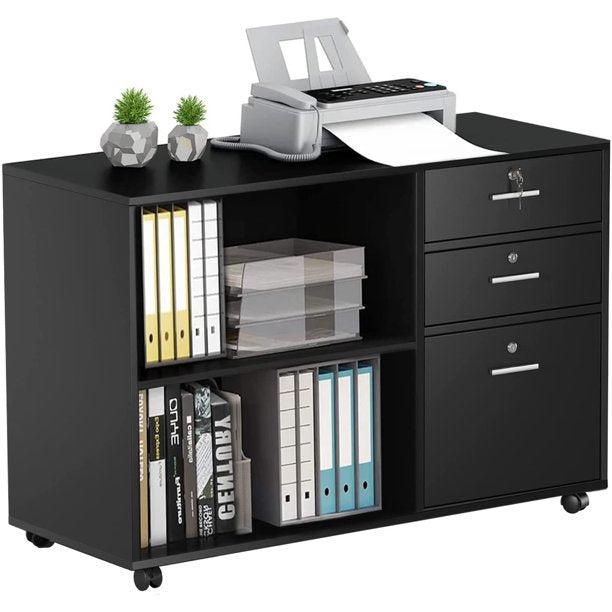 File Cabinet with Lock and Drawer, Mobile Lateral Filing Cabinet Printer Stand with Wheels and Storage Shelves, Black