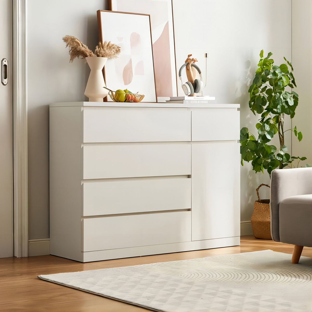 Homfa 5 Drawer White Dresser, Modern Storage Cabinet for Bedroom, White  Chest of Drawers Wood Organizer for Living Room