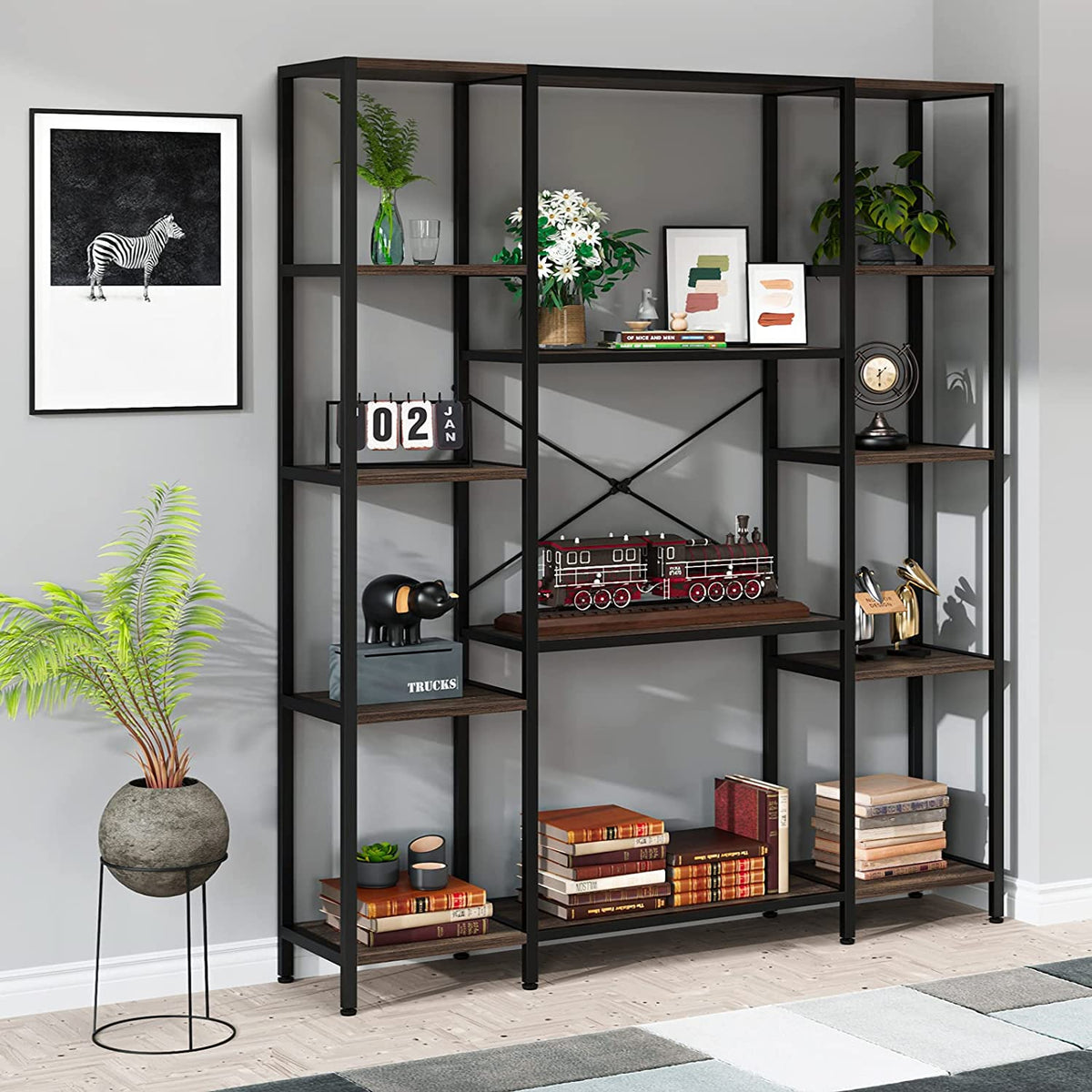 Homfa Trapezoidal Bookshelf, 3-Tier Open Storage Shelves with 3 Drawers,  Rustic Brown Finish
