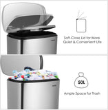 Homfa Kitchen Trash Can, 13.2 Gallon(50L) Fingerprint Proof Stainless Steel Garbage Can with Removable Inner Bucket and Hinged Lids, Pedal Rubbish Bin 16.8Lx12.3Wx25.5H inch Home Office, Soft Closure