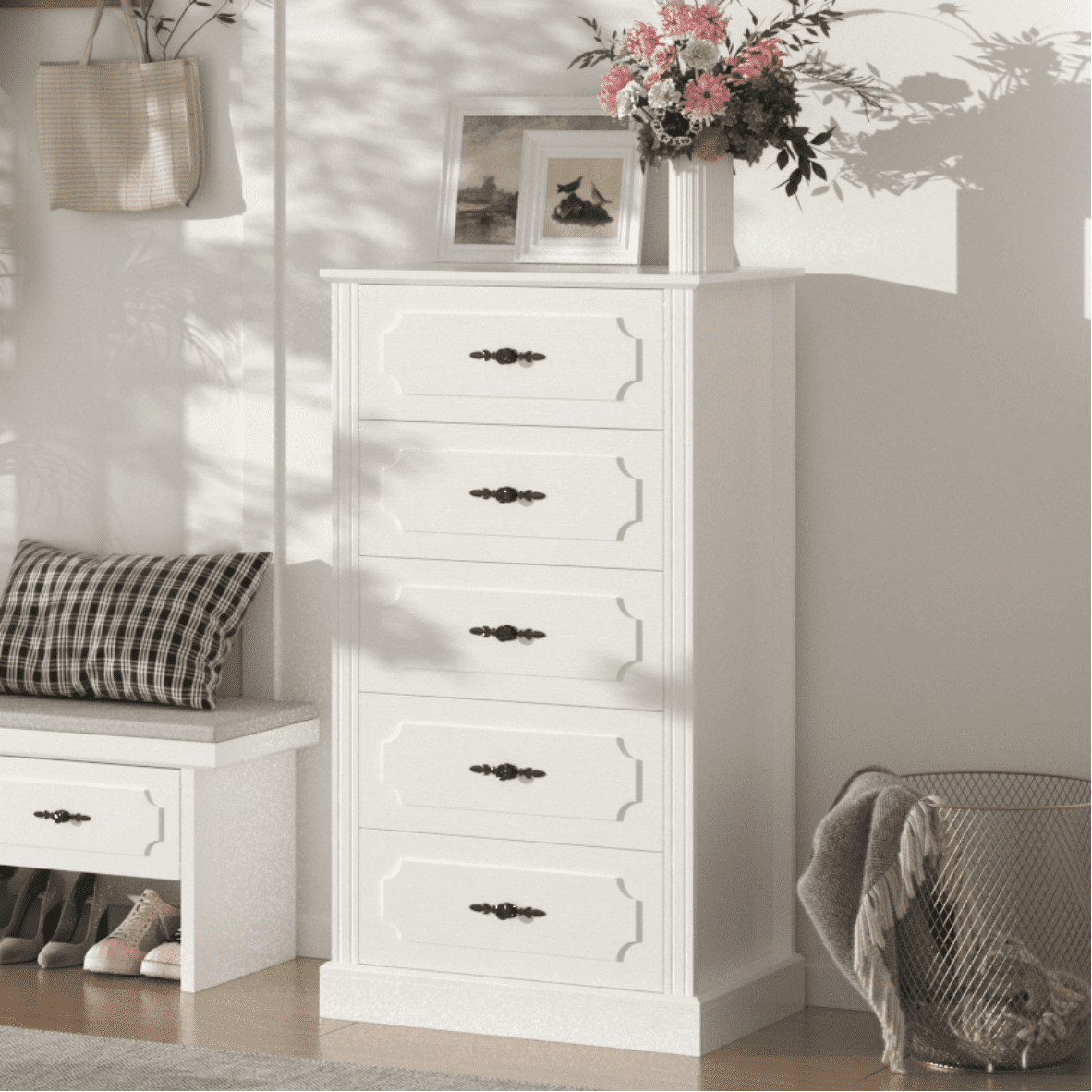 tall vintage dresser Homfa 5 Drawer White Dresser for Bedroom, 43''H Tall Vintage Wood Stor –  myhomfa
