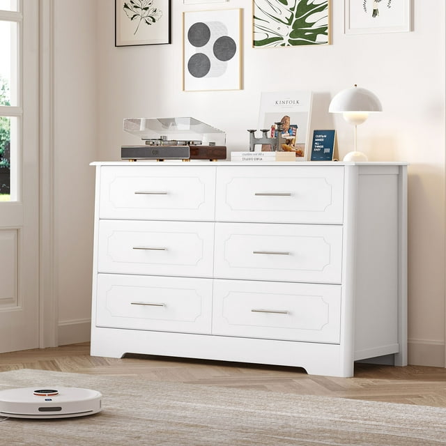Homfa 6 Drawer Horizontal Dresser, White Ladder Double Dresser Chest f