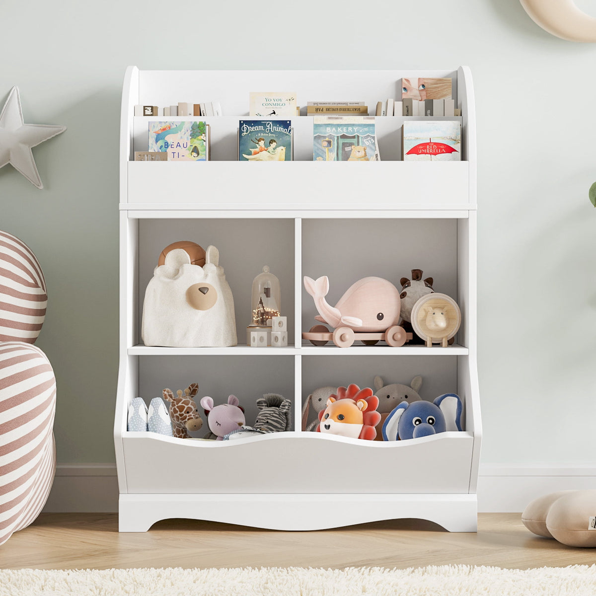 Homfa Kid's Cubby Toy Storage with 2 Tier Book Rack, Wood Chil