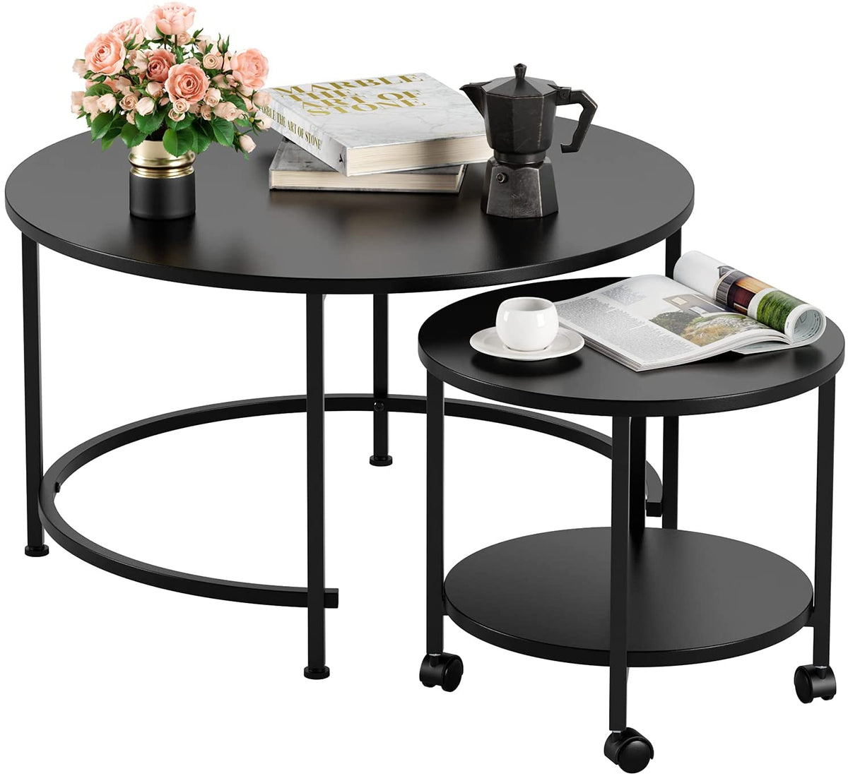 Homfa Nesting Coffee Table with Casters, Round Side Table End Table wi homfafurniture