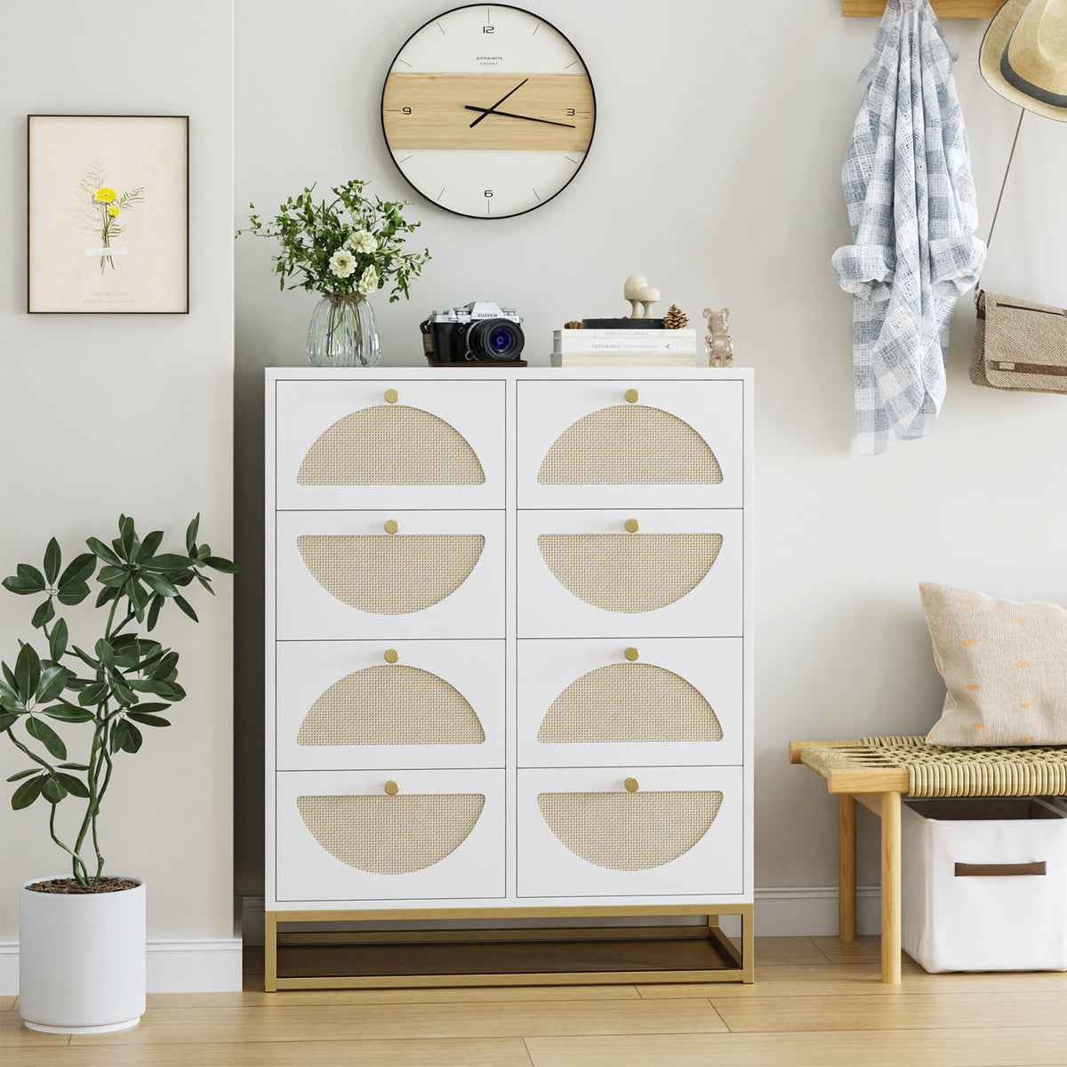 Homfa 8 Drawers Rattan Dresser, Wooden Storage Chest with Gold Metal B ...