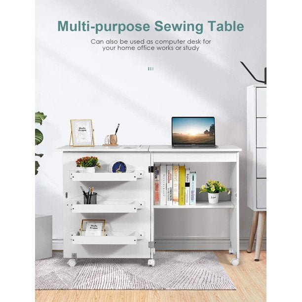 Folding Sewing Table, Sewing Machine Table with Storage Shelves, Rolli –  homfafurniture