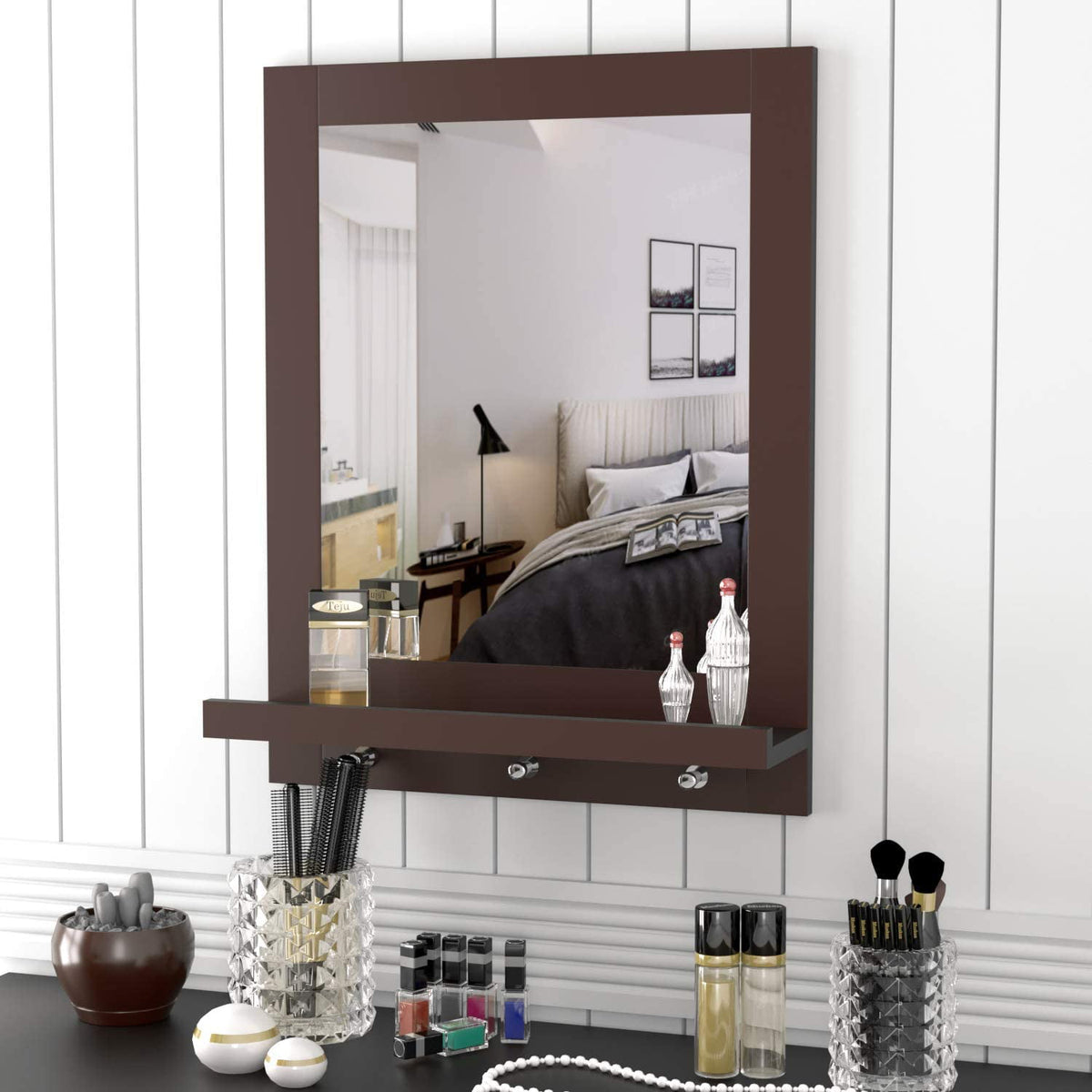 Homfa Wall Mirror with Shelf，26 Inch Height Mirror for Wall, Modern  Wall-Mounted Mirror with 1 Shelf 3 Hooks for Bathroom-White