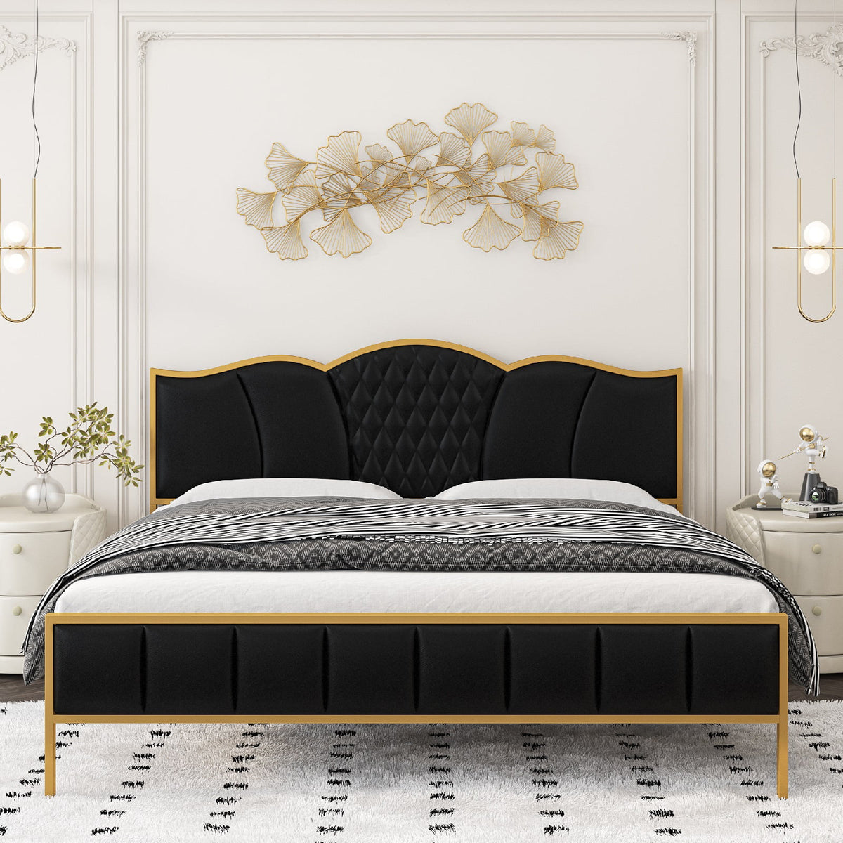 Homfa Black Gold King Size Bed Frame, Modern Luxury PU Leather Upholst ...