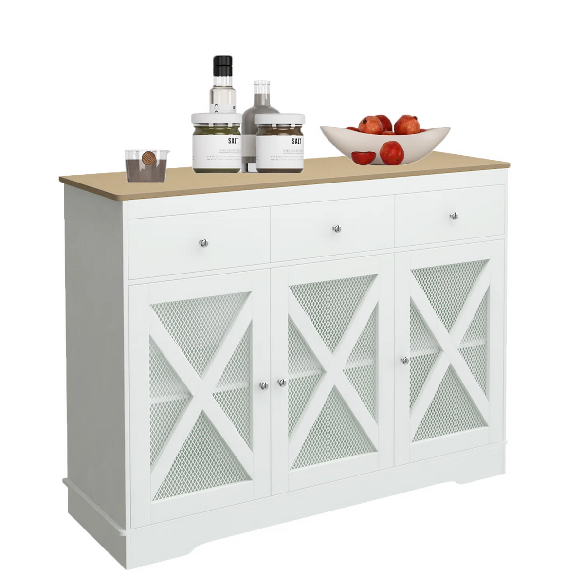 Homfa Sideboard Storage with 3 Drawers, 3 Wire Mesh Doors Buff