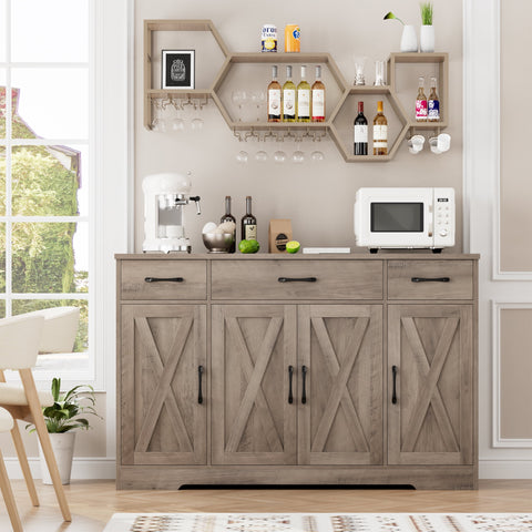 Homfa 55.1???¡¥ Farmhouse Kitchen Sideboard, 4-Doors 3-Drawers Wood Buffet Cabinet with Adjustable Shelves, Gray