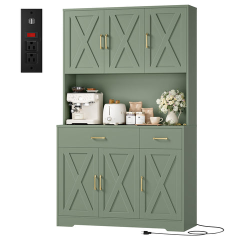 Homfa 厨房餐具柜带充电站，独立式厨房橱柜，带 4 个橱柜、2 个抽屉和 1 个开放式搁板，客厅落地柜，白色