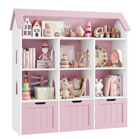 Homfa 46.3”H Kids Storage Organizer with 3 Removable Drawers, 6 Cube Toddlers Bookcase with Roof-Shaped Top for Playroom Nursery School, Pink& White