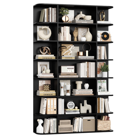 Homfa 7-Tier Triple Wide Bookcase, 84.6" Tall Bookshelf with Curved Display Shelves for Living Room Home Office Study, Black