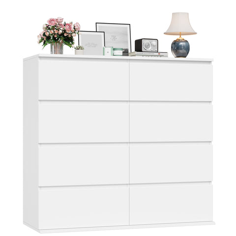 Homfa 8 Drawer Double Dresser, White Horizontal Dresser Chest with Easy Pull Bevel Handle for Bedroom