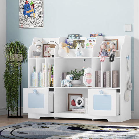 Homfa Kid's Bookshelf with 2 Movable Drawers, 7-Cube Bookcase with Hooks, Toy Storage Organizer for Kidroom, White