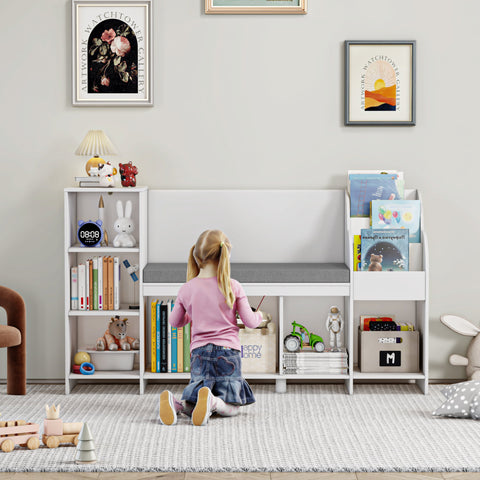 Homfa 31.5'' H x 54.5'' W Kids Bookshelf with Reading Nook, 2 Seats 7 Cube Wooden Child Toy Storage Organizer for Playroom, White