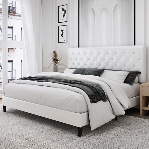 Homfa Faux Leather Upholstered Platform Bed Frame with Adjustable Diamond Button Tufted Headboard, Wooden Slats Support, Mattress Foundation, No Box Spring Needed, Easy Assembly, King Size, White