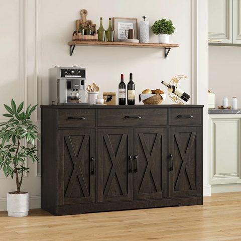 Homfa Farmhouse Kitchen Sideboard, 4-Doors 3-Drawers Wood Buffet Cabinet with Adjustable Shelves, Brown