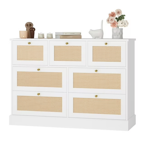 Homfa Rattan Dresser with 7 Drawer, Modern Chest Dressers for Bedroom, Wood Storage Chest, White