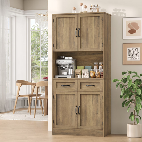 Homfa 71" Tall Modern Farmhouse Storage Cabinet, Kitchen Pantry with 2 Drawers and Adjustable Shelves, Brown