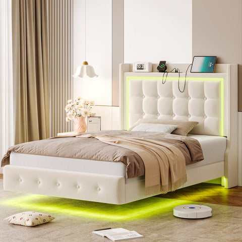 Homfa Full Size Floating Bed with LED Lights & Charging Station, Modern Velvet Upholstered Platform Bed Frame Bed with Storage Headboard, Off-white