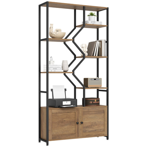 Homfa 6-Tier Industrial Bookshelf, Freestanding Tall Bookshelves with 5-Open Storage Shelf and 2 Cabinets for Home Office Living Room Bedroom, Brown