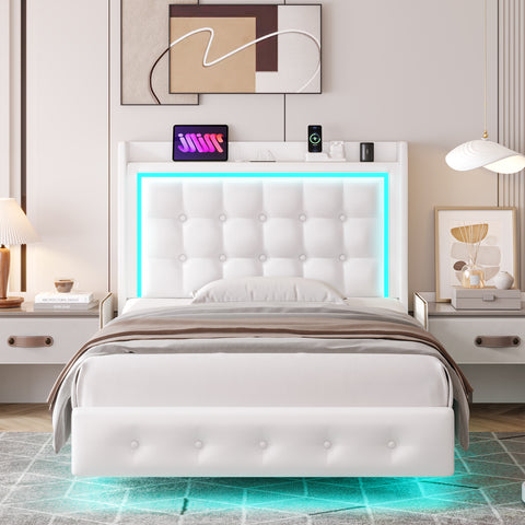 Homfa Queen Size Floating Bed with LED Lights & Charging Station, Modern PU Leather Upholstered Platform Bed Frame Bed with Storage Headboard, White