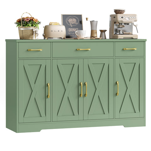 Homfa Buffet Cabinet with 3 Drawers and 4 Doors, 55.1" W Kitchen Sideboard Storage Cabinet with Adjustable Shelves, Farmhouse Coffee Bar Cabinet for Dining Room, Green