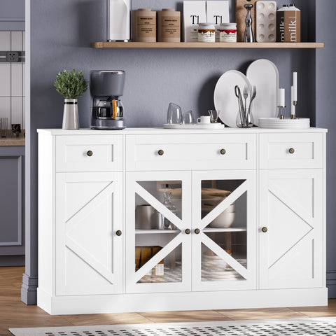 Homfa 55.1”W Farmhouse Kitchen Sideboard with Glass Doors, Modern 3 Drawer Buffet Storage Cabinet with Adjustable Shelves for Dining Room, White