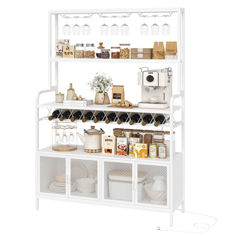 Homfa Wine Bar Cabinet with Power Outlet, Kitchen Microwave Stand Coffee Bar with Storage Shelf, Sideboard with Metal Grid Wine Rack,White